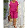 Spring/Summer 2026 Cotton Linen Two-Piece Set with Ruffled Short Sleeve Top and Pocketed Shorts