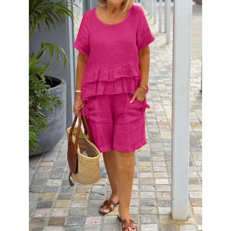 Spring/Summer 2026 Cotton Linen Two-Piece Set with Ruffled Short Sleeve Top and Pocketed Shorts