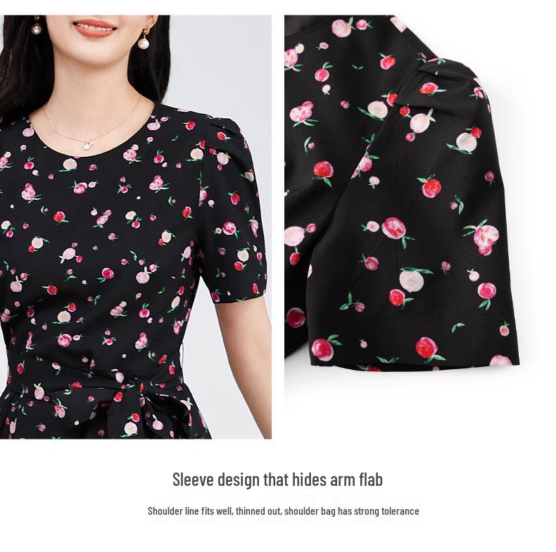 Elegant French Chiffon Print Waist-Slimming Dress for Women