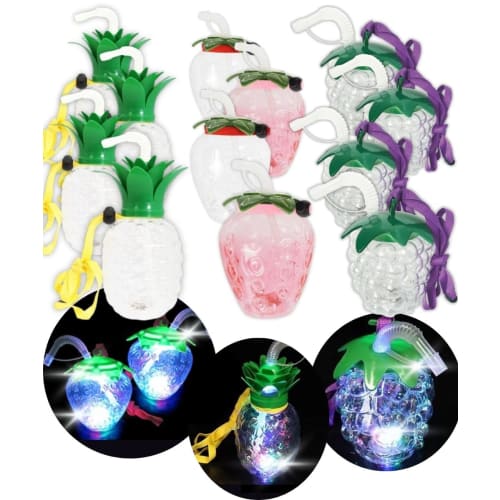 

Glow-in-the-dark Fruit Bottles with Straws, 3 Designs [Grape, Pineapple, Strawberry]. Perfect for Events, Festivals, Fireworks Displays, and as a Give