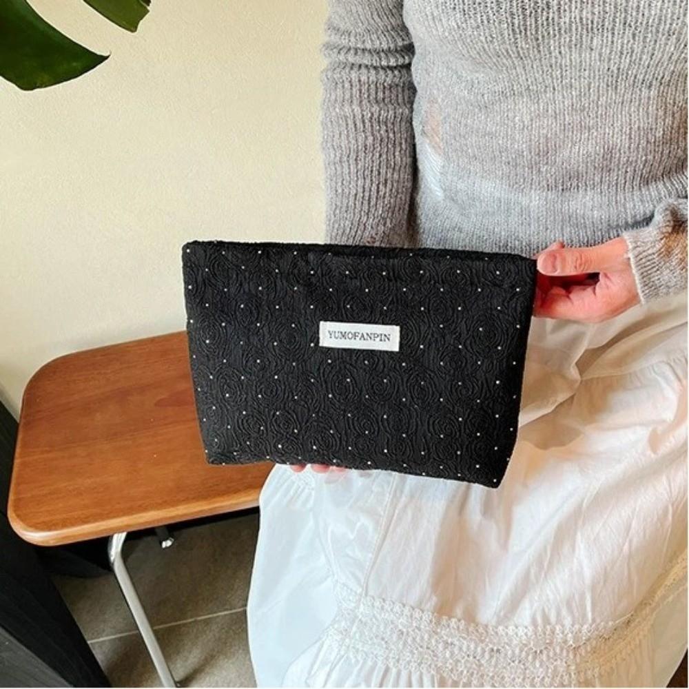Portable Zippered Makeup Bag Flower Pattern Large Capacity Cosmetic Pouch Multi-purpose Solid Color Storage Bag Outdoor