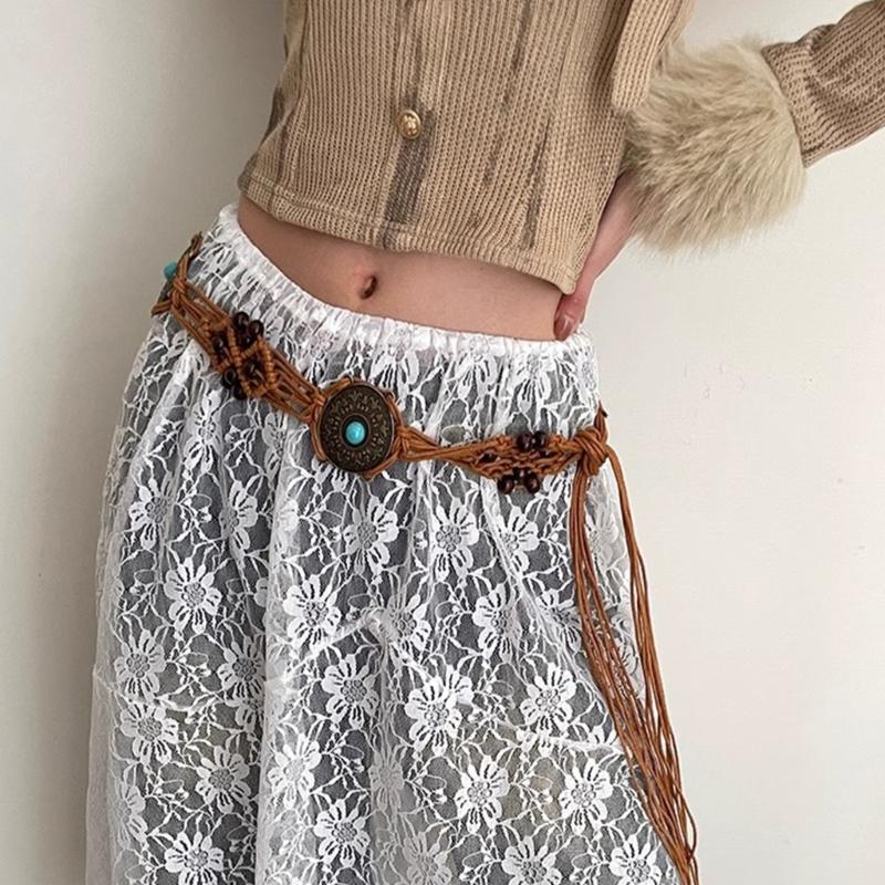 Woven Fringed Chain Belt for Women Adjust LaceUp WaistBand Fashion Rope Belt for Girl Bohemian Style Waist Decors