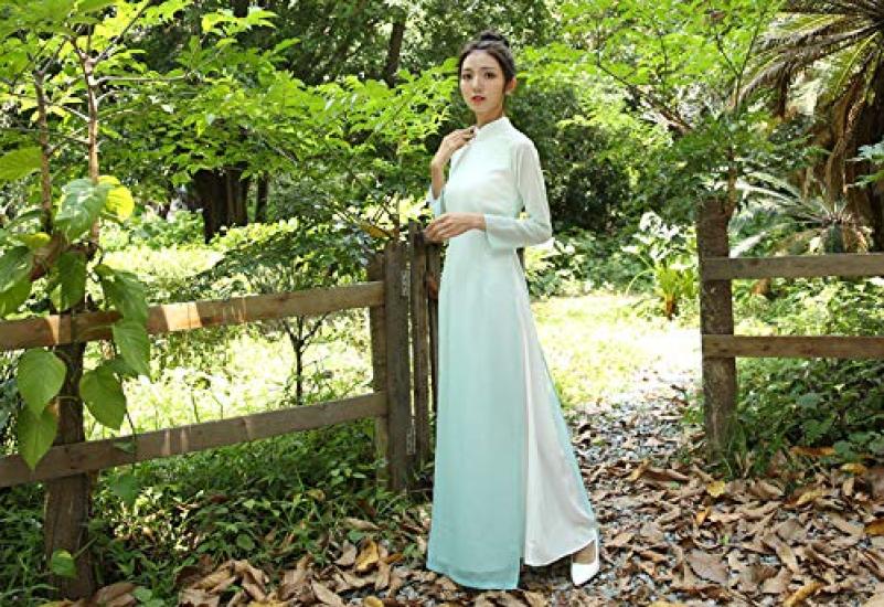 Ao Dai Ao Dai Style Long Chiffon Dress and Green Size [TRTRO] Dress, (White Gradient, M)