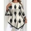 Plus Size Women's Elegant Flower Print Irregular Hem Round Neck Long Sleeve Top
