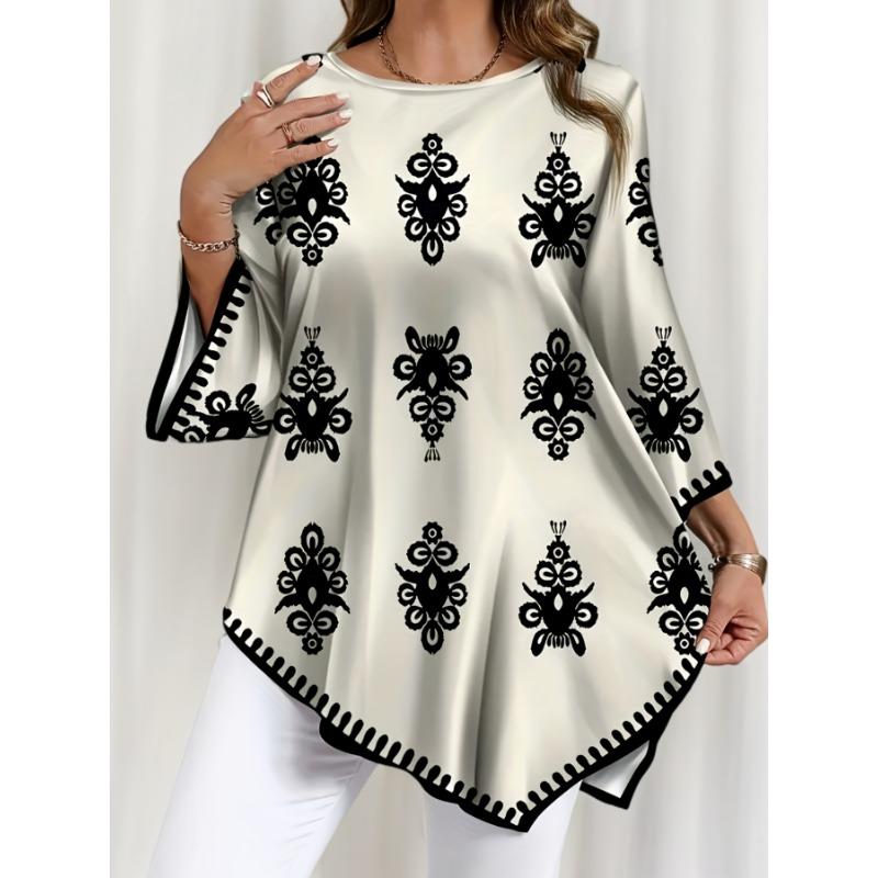 Plus Size Women s Elegant Flower Print Irregular Hem Round Neck Long Sleeve Top S