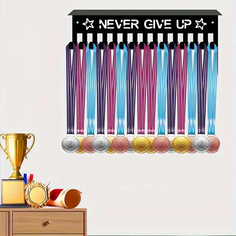 Metal Trophy Display Stand Athletic Award Organizer Never Give Up Theme Wall-Mounted Medal Display Rack Multi-Hook Home Decor