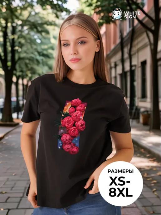 Stylish Peonies print oversized summer T-shirt XL