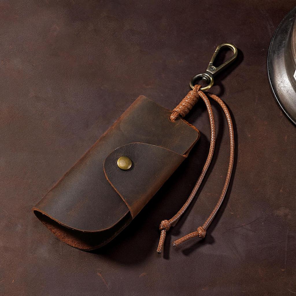 Unisex Crazy Horse Leather Car Key Holder - Retro Cowhide Key Storage Case