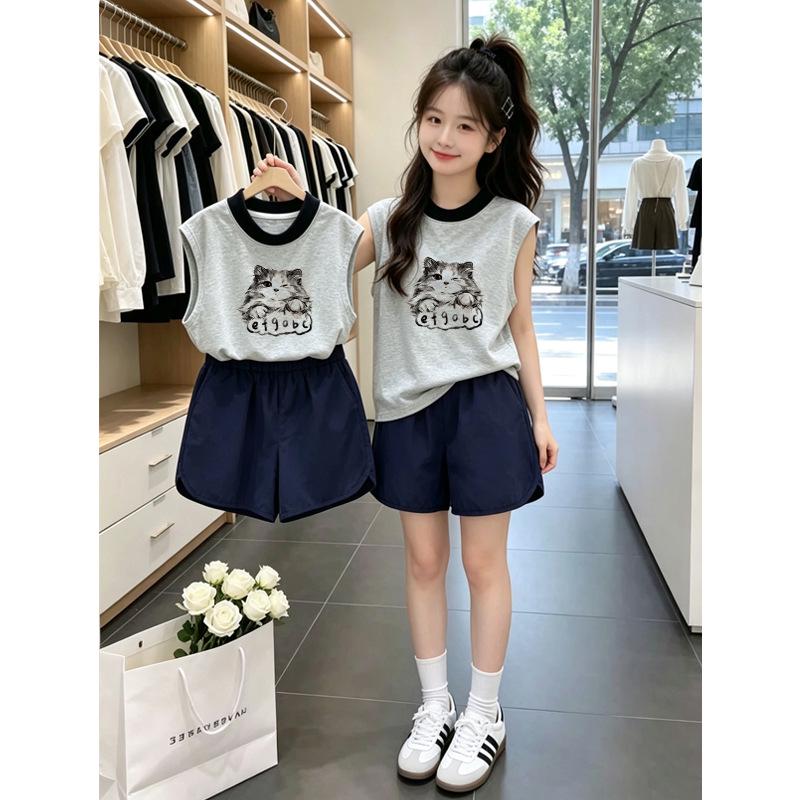 Korean Style Girls' Cotton Vest Set: Sleeveless Patchwork T-shirt & Loose Two-Piece for Ages 6-12