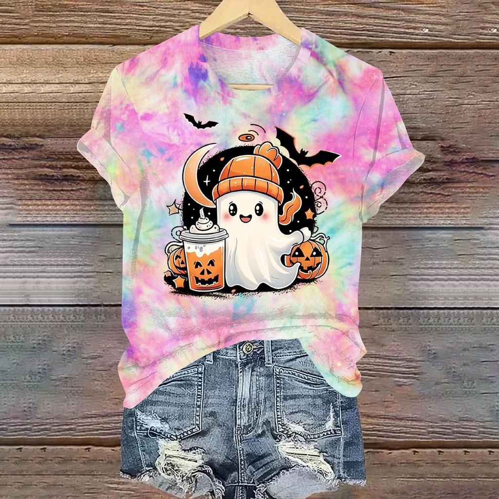 Ladies' Casual Halloween Printed Round Neck Short Sleeved T-Shirt