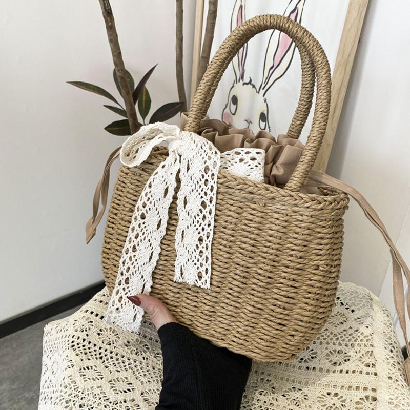 Women Straw Woven Drawstring Handbag Girls Solid Color Holiday Purse Crossbody Beach Bags Summer Rattan Tote
