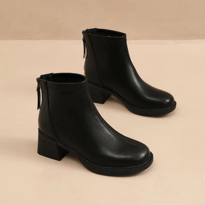 Soft leather short boots women's square head thick heel new autumn and winter single boots medium heel French white soft leather thin boots women
