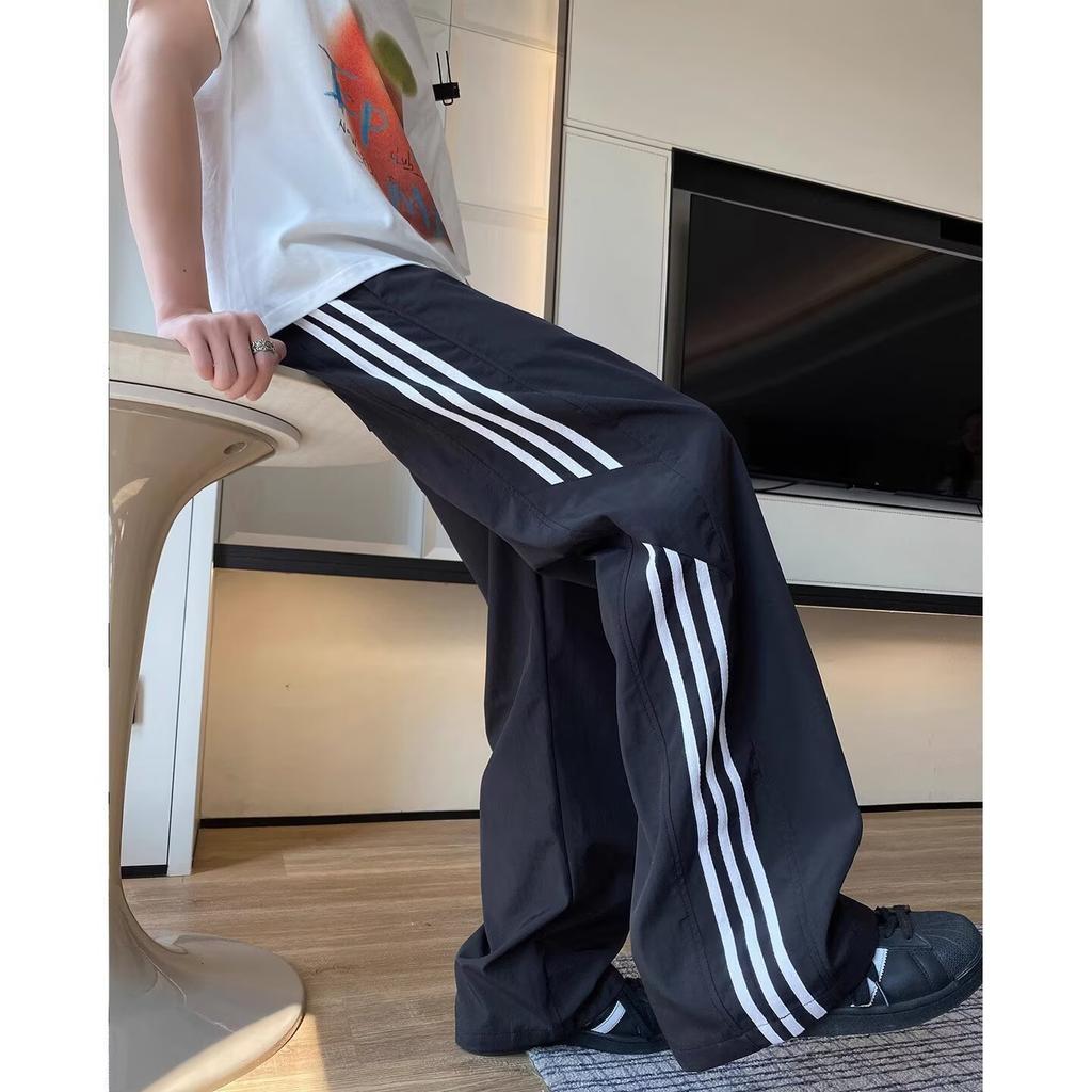 Retro styl pánské kalhoty americké třípruhé pruhované rovné sportovní kalhoty volné rovné široké nohavice ležérní kalhoty