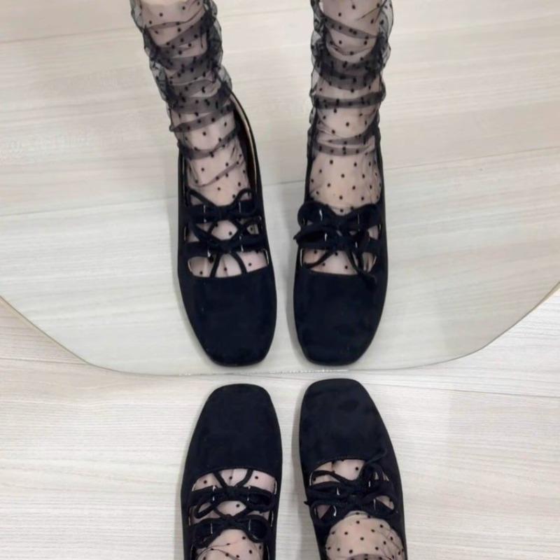 Women's Increasing Ballet Flats Lace Up Gladiator Faux Suede Casual Shoes Double Bow Mary Janes Shoes for Female 2025 New 1903