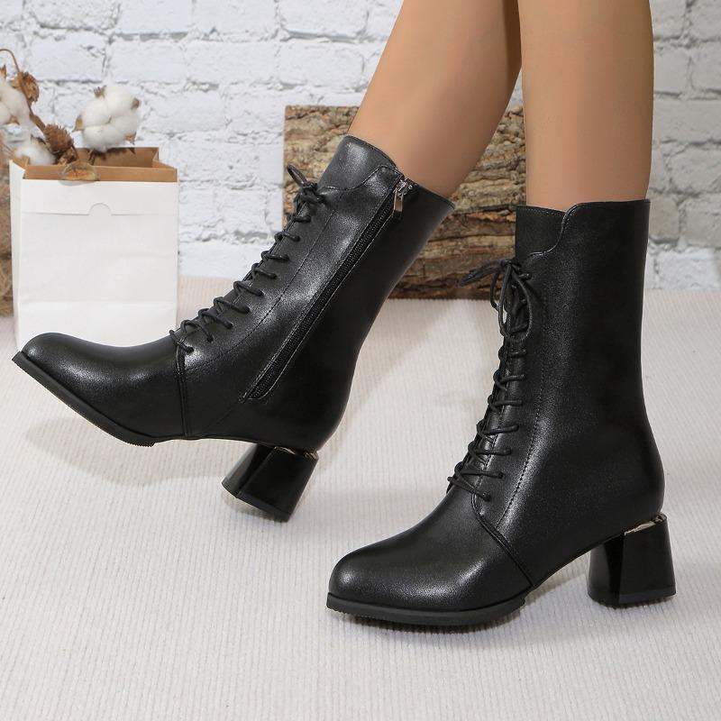 

Модные ботинки на шнуровке спереди, осенние новинки, с круглым носком, боковой молнией, противоскользящие, износостойкие ботильоны 42 чёрный