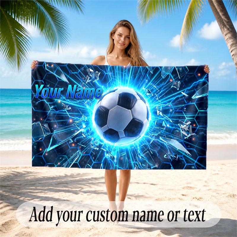 Soccer Theme Beach Towel Personalized Custom Name & Text Soft Quick Dry Beach Towel for Swimming Travel