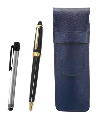 Grained Leather Pen Case Blue Metal Touch Silver Stick and Neo Ballpoint Pen Set Black 2-pack D-600 SASL-ALST-600B-B-2
