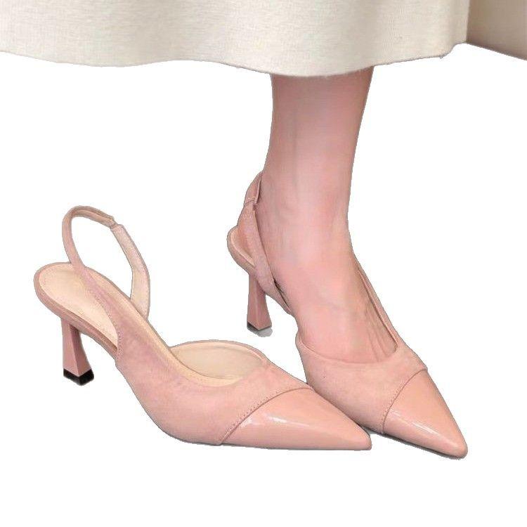 High Heels Pink Bag Head Sandals Fairy Shoes 2025 Spring and Summer Splicing with Skirt Pointed Shoes Single Shoes
