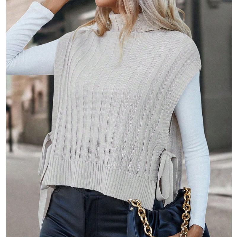 Womens Solid High-Neck Sleeveless Knit Vest With Side Tie Detail Fall Winter Office Chic Layering Top