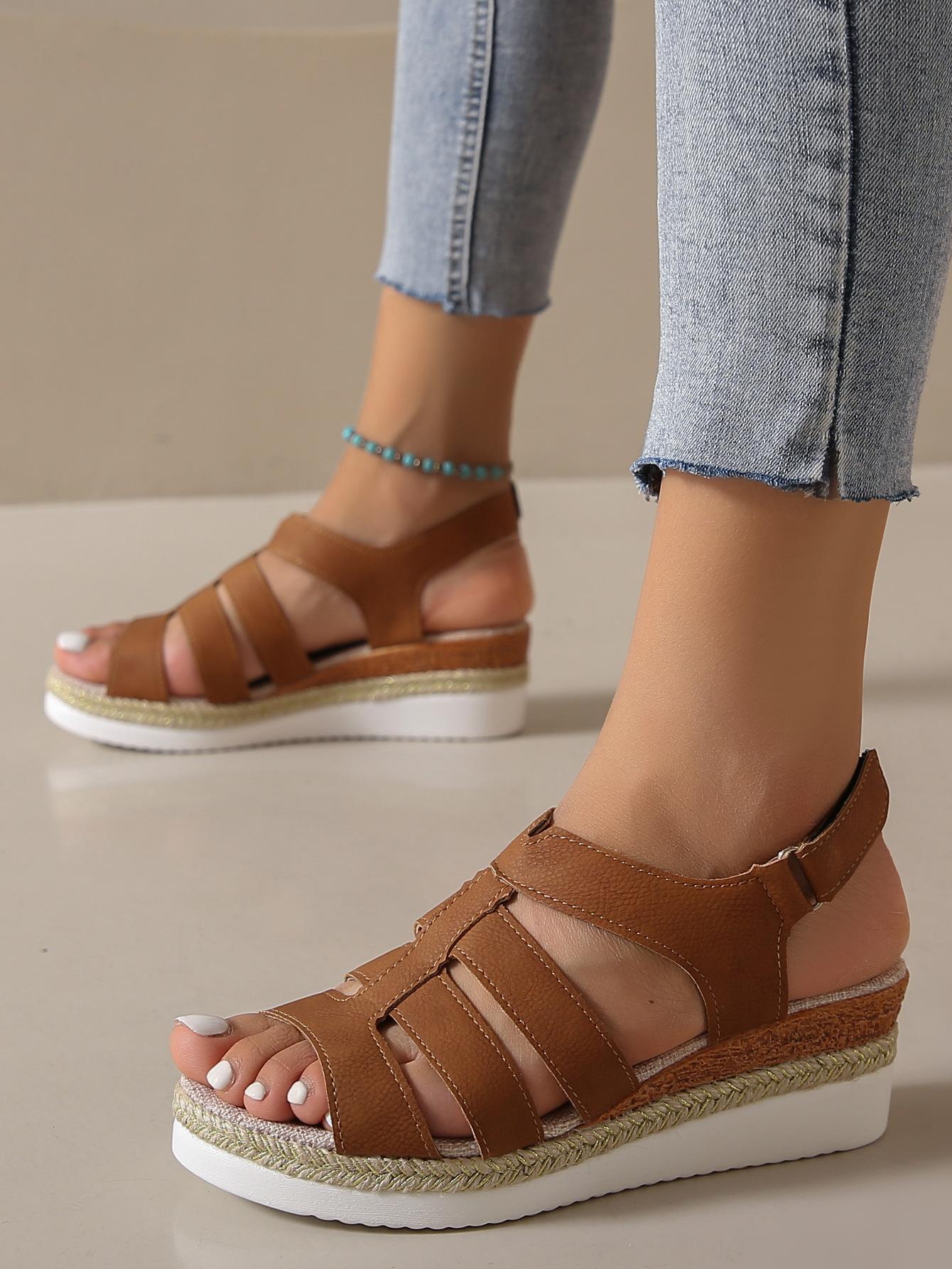 

Летние мужские туфли с толстой подошвой, женские плетеные туфли с открытым носком, крючки-петли, летние сандалии на толстой танкетке и покатом каблуке в римском стиле 36 темно-коричневого