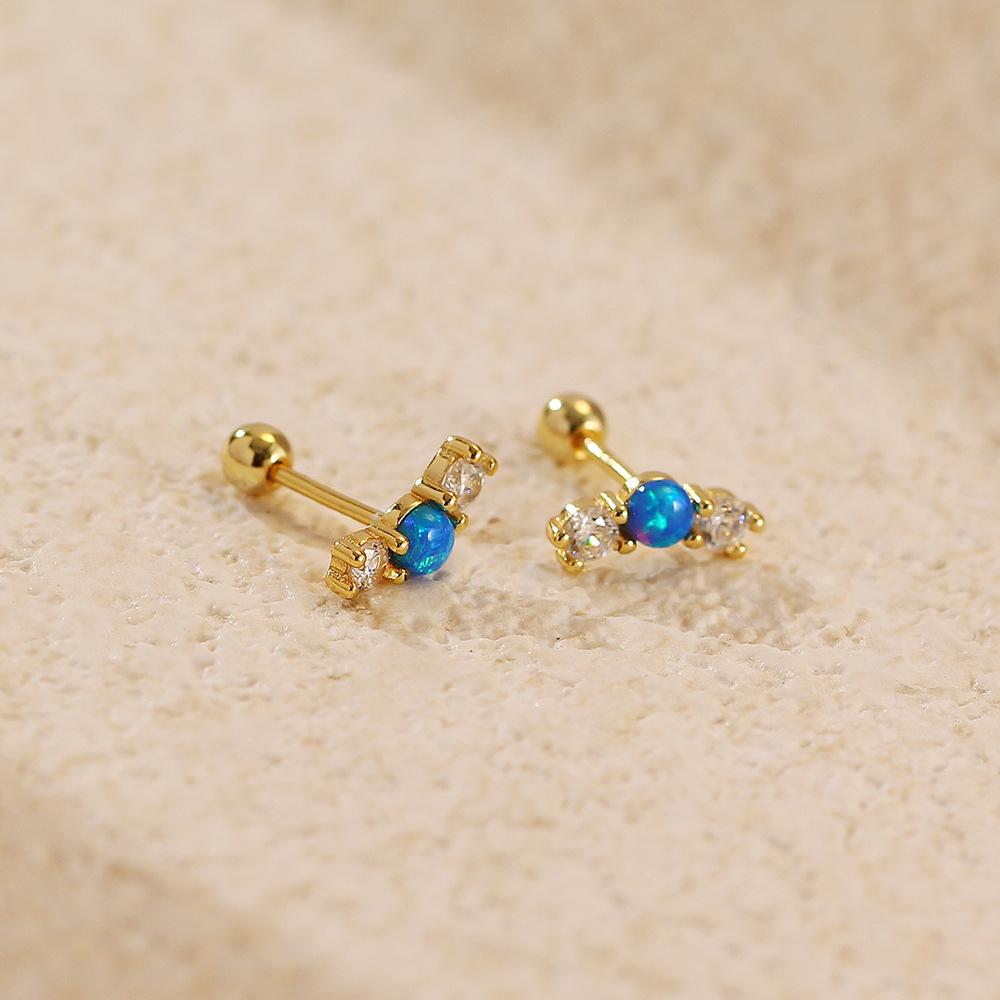 Opal & Rhinestone Silver Stud Earrings with Ear Cuff - S925 Silver, Luxury Threaded Design 925 Silver