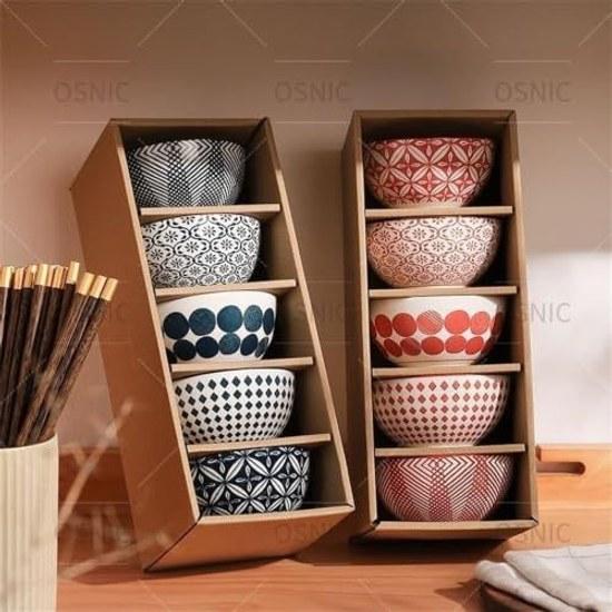 OSNIC Japanese-style blue tea bowl set 5 Nordic design ceramic diameter 11cm microwave dishwasher safe rice salad bowl.