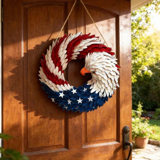 Eagle Flag Wreath Door Sign Patriotic Wooden Door Hanging Sign 4th of July Independence Day Veterans Day Door Hanger Decoration