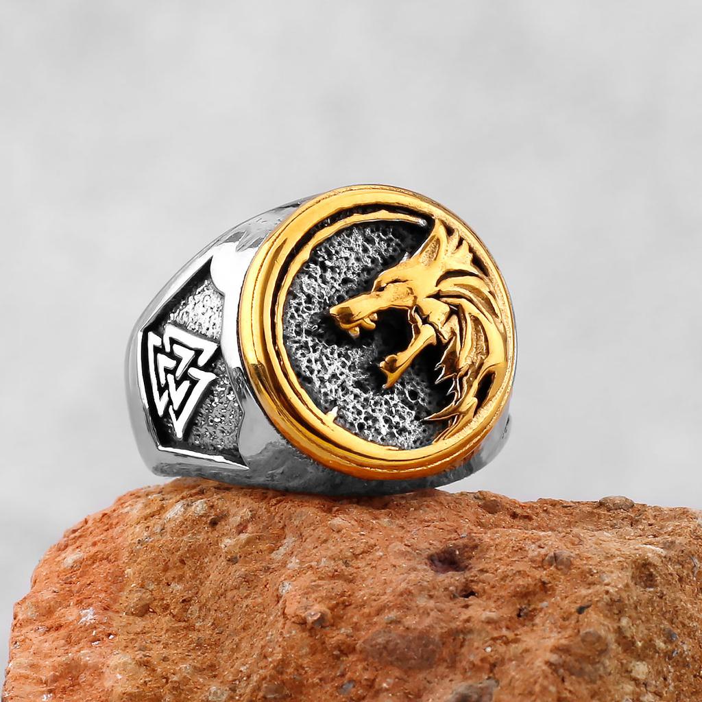 Stainless Steel Viking Wolf Head Ring Never Fade Gold Color Mens Hunting Game Hunter Wolf Claw Ring Nordic Jewelry Gift