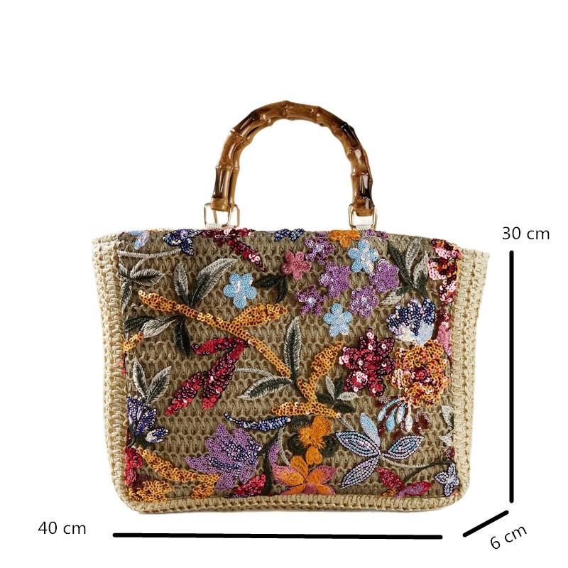 2025 Luxury Sequins Embroidery Large Tote Bags New Fashion Bamboo Handle Women Handags Lady Woven Straw Flower Summer Beach Bag