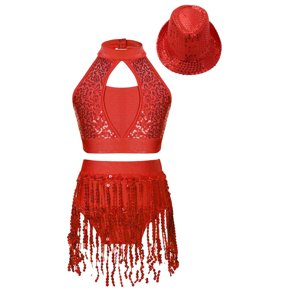 Girls Sleeveless Mock Neck Hollow Front Keyhole Back Sequin Patchwork Crop Top Sequins Tassel Briefs Hat