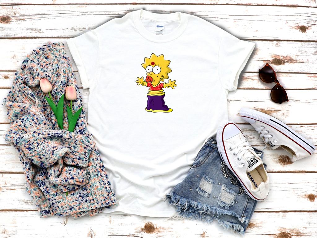 26 Maggie Simpson Cartoon Simspons White Women's 3 4 Short Sleeve T-Shirt P104 Unisex T-Shirt