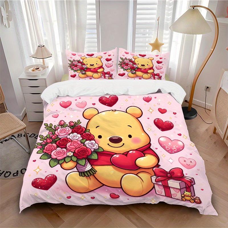 

3pcs set Bear, Flowers, Hearts print bedding quilt cover, soft and comfortable quilt cover suitable for bedroom and guest room19 135x200cm