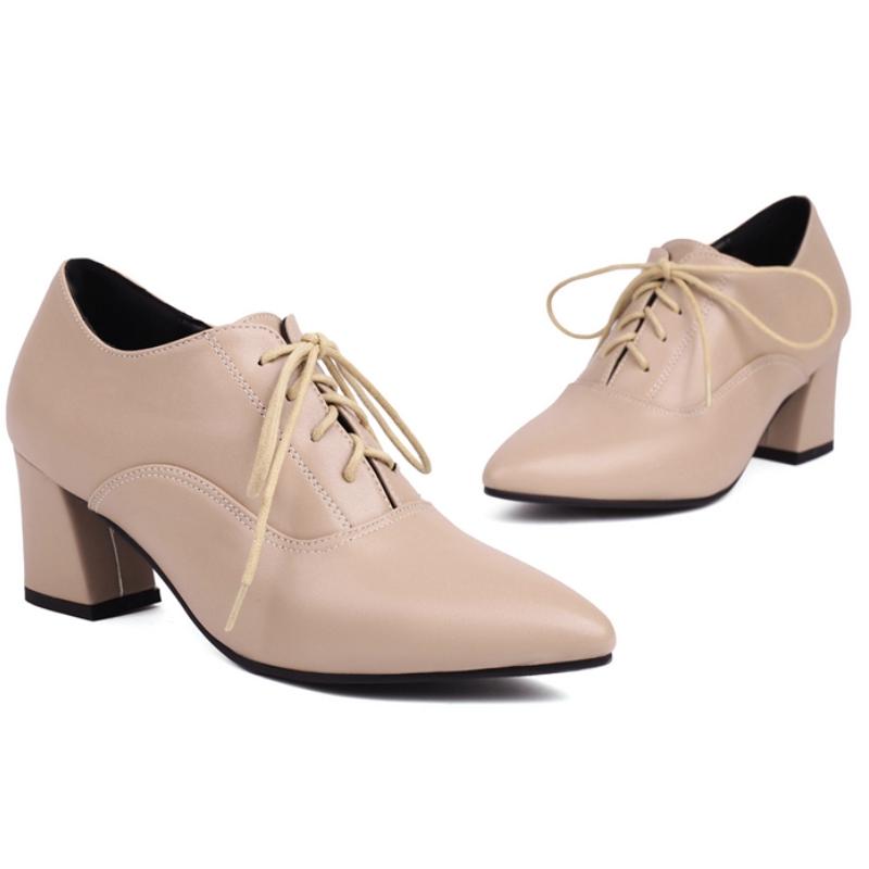 Elegant Women's Low Heels Loafer Shoes Fashion Lace-up Black Khaki Nude Short Heeled Party Wedding Office Shoes Female Big Size