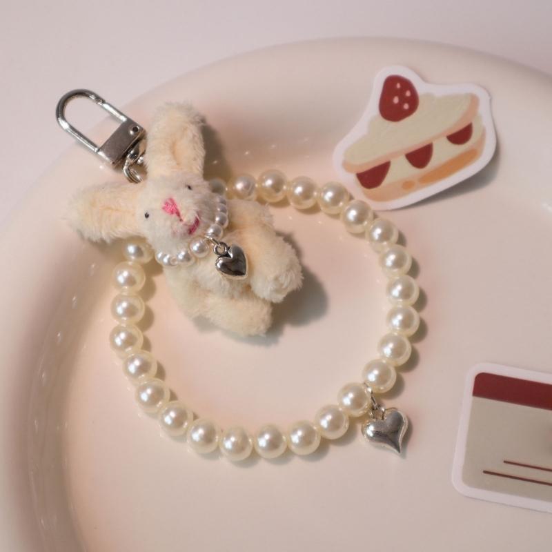 Heart Pearl Phone Chain Plush Rabbit Charm Keychain Pendant Backpack Decoration