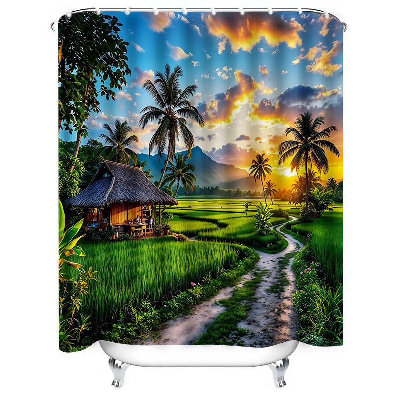 

Bamboo Shower Curtain Tropical Landscape Print Waterproof Mildew Resistant Enhances Bathroom Beauty For Stylish Home Upgrade W60H190(CM)-1 Pcs