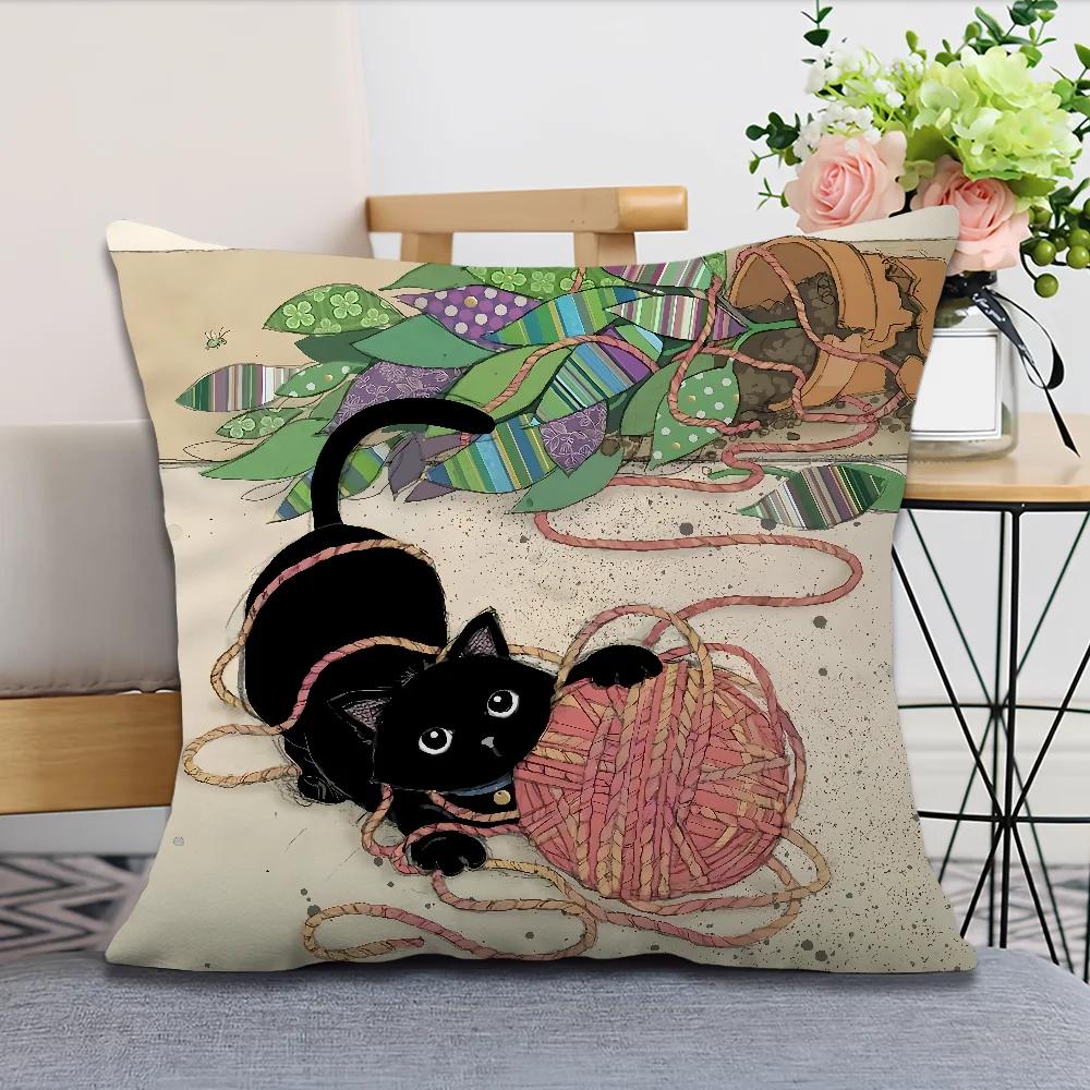 Cute Black Cat Printed Pillowcases Office Car Sofa Bed Cushion Cover Home Bedroom Decoration