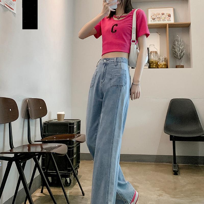 

Женские джинсовые джинсы, свободные прямые весенне-осенние джинсы, широкие брюки с высокой талией, длинные брюки 2XL светло-синий