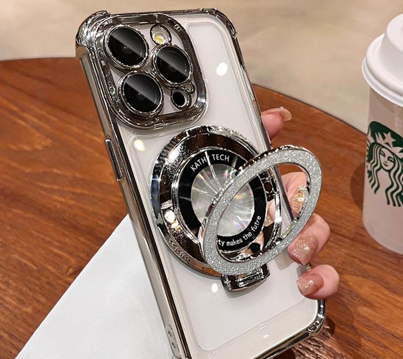 For iPhone 16 Pro Max Luxury Flash Holder Stand Plating Frame Phone Case For iPhone 11 12 13 14 15 16 Plus Lens Protective Cover