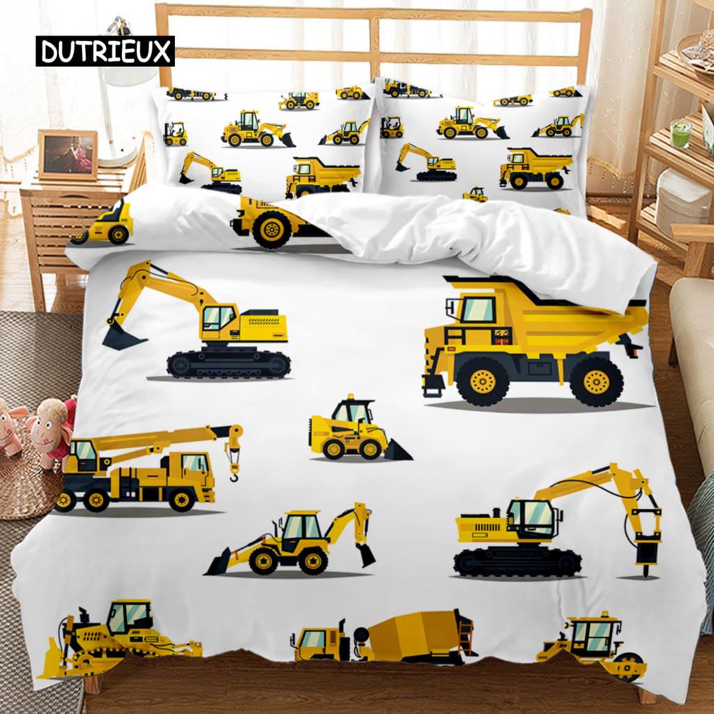 Housse de couette pour voiture d'ingénierie Ensemble de literie pour véhicule de construction Excavatrice pour garçons Camion à benne basculante Malaxeur à béton Rouleau Housse de couette en polyester