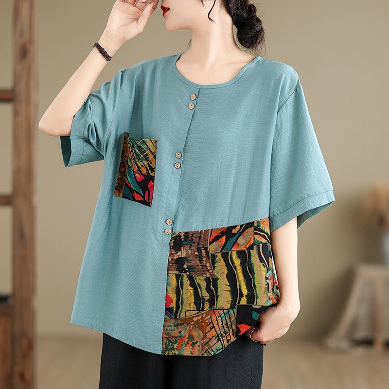 Mode Print Rundhals Kurzarm T-Shirts Damen Sommer Übergröße Locker Lässig Knöpfe Tee Tops Frauen 2025