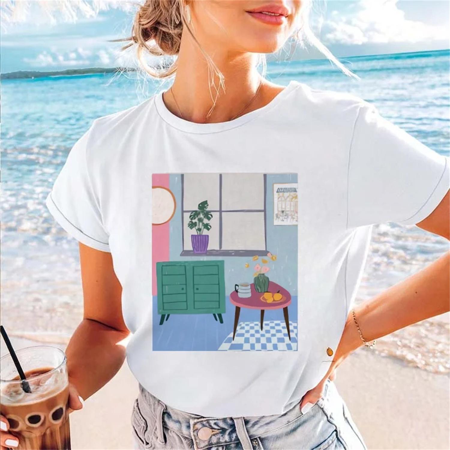Women s T-Shirt Harajuku Kawaii Cartoon T-Shirt 90s Printed Pattern Casual Style Women s Short Sleeve Summer Round Neck T-Shirt S