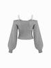 2026 Autumn/Winter European & American Lace Shoulder Strap Bow Waist-Cinched Lantern Sleeve Knit Sweater for Women