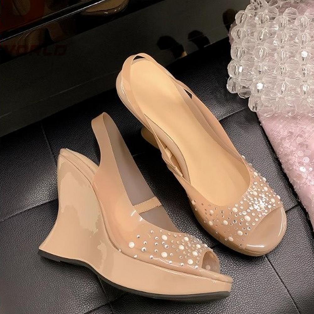 Fashion FHC New Women High Heeled Sandals,Wedges Rhinestone Summer Shoes,Slip on,Peep Toe,Back Hollow Out,White,Size 35-39,Dropship