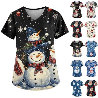 Women's Fashion V-Neck Short Sleeve Workwear With Pocket Christmas Printed Top