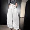 Womens White Drawstring Waist Wide Leg Pants Solid Color Casual Loose Fit Trousers