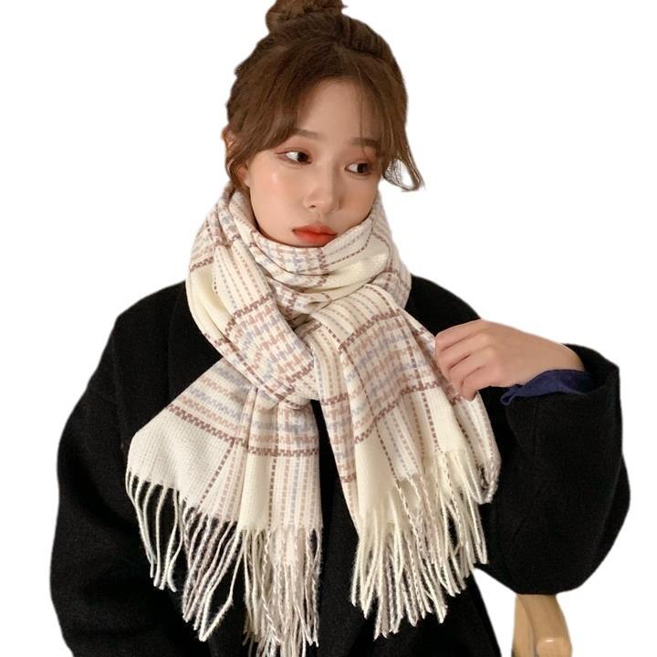 Japanese Plaid Imitation Cashmere Scarf for Women In Winter Versatile Fashion White Couple Korean Version Warm Double Sided Student Shawl