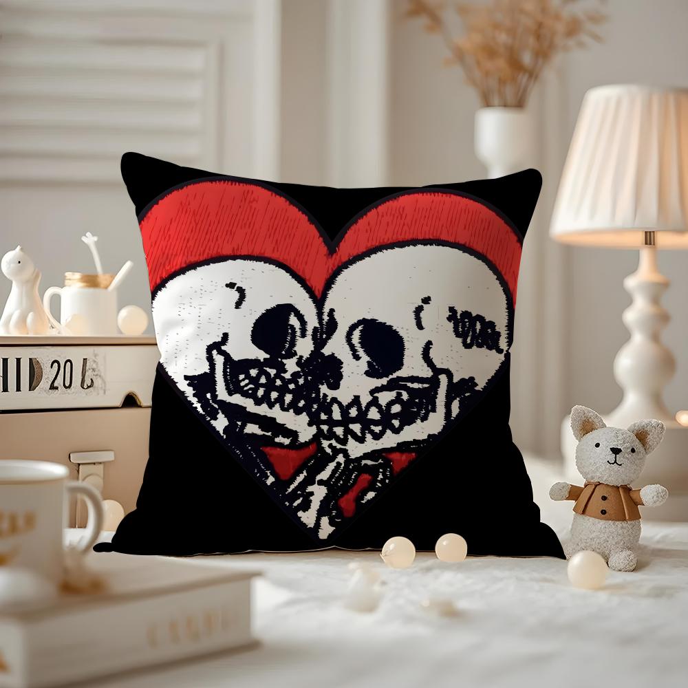 Cool Skull Heart Print Cushion Cover Antidustmite Pillowcase Invisible Zipper Silky Short Plush Sofa Cushion Cover