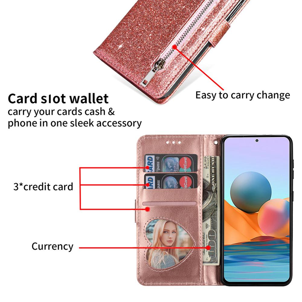 Funda de Cuero con Cremallera y Purpurina para Xiaomi RedMi Note 15 14 13 Pro Plus 5G 15C 14C 13C 12C Mi 15T Pro Cartera tipo Flip con Tarjetero Funda para Teléfono