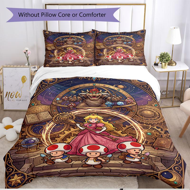 3pcs Duvet Cover Set (1*Duvet Cover + 2*Pillowcase, Without Core), Princess Peach Toadstool Print Soft All‑Season Bedding Set, Home Bedroom Decor Gift