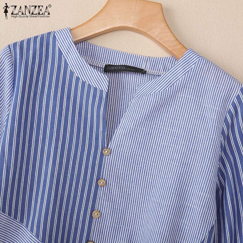 ZANZEA Women Casual V-Neck 3/4 Sleeve Loose Stripe Blouse